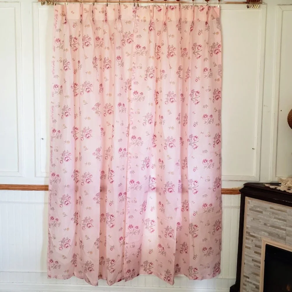 Vintage Curtain Panels 48W x 75L Pinch Pleat Sheer Pink Rose Floral Print NEW